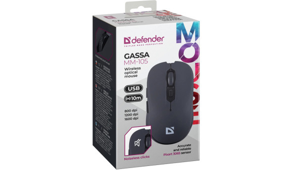 Мишка Defender Gassa MM-105, бездротова, 6 кн., 1600 dpi, безшумна чорна - 648424