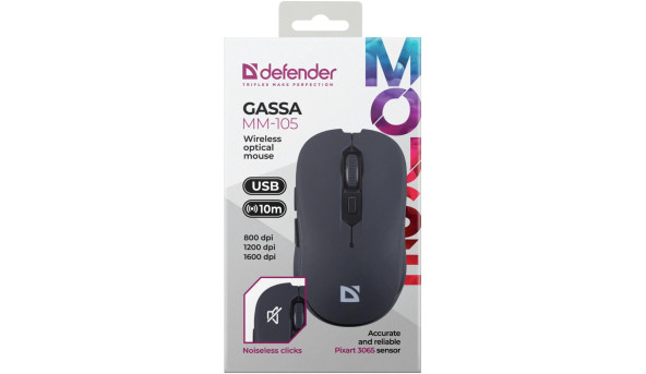 Мишка Defender Gassa MM-105, бездротова, 6 кн., 1600 dpi, безшумна чорна - 648424