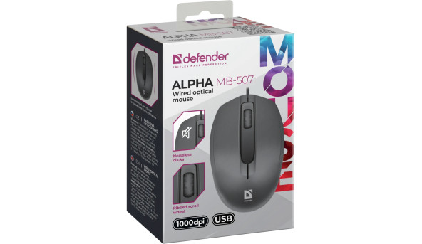 Мишка Defender Alpha MB-507, 3кн.,1000dpi, безшумна чорна - 648434