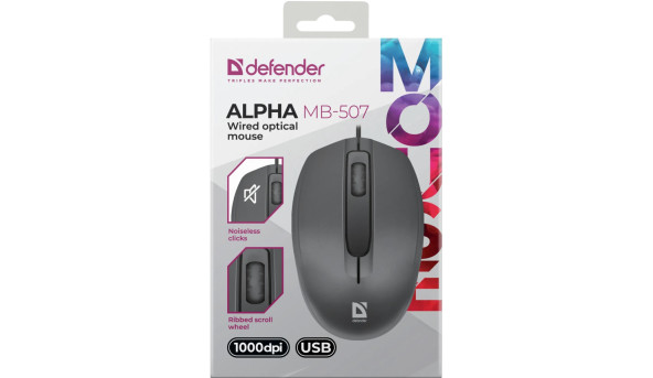 Мишка Defender Alpha MB-507, 3кн.,1000dpi, безшумна чорна - 648434