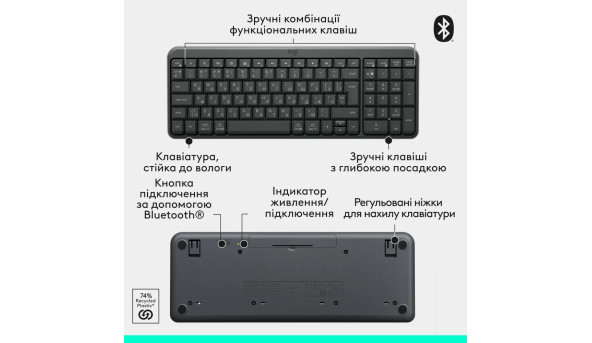 Клавіатура бездротова LOGITECH K250 UKR, 2.4GHZ/BT, Graphite - 648816