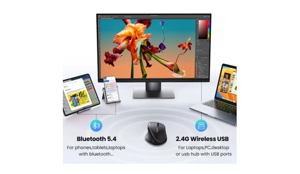 Мишка UGREEN 2.4GHz&BT M751 Ergonomic Contoured-Shape, бездротова, 5000dpi., 5кн., Чорна - 650397