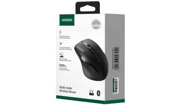 Мишка UGREEN 2.4GHz&BT M751 Ergonomic Contoured-Shape, бездротова, 5000dpi., 5кн., Чорна - 650397
