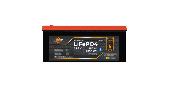 Акумулятор LP LiFePO4 25,6V - 160 Ah (4096Wh) (BMS 160A/80А) пластик Smart BT