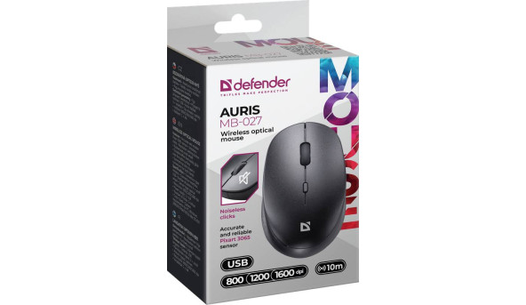 Мишка Defender Auris MB-027, бездротова, 3 кн. до 1600 dpi, безшумна, чорна - 651292