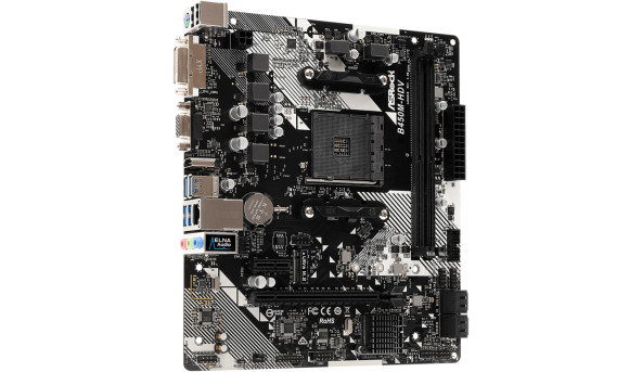 ASRock B450M-HDV R4.0 (AM4/B450, 2*DDR4, PCIex16, DVI-D/HDMI/VGA, 4xSATA, M.2, GLan, 8ch, mATX)
