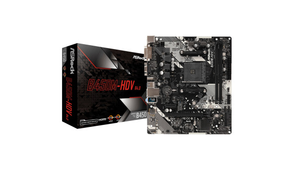 ASRock B450M-HDV R4.0 (AM4/B450, 2*DDR4, PCIex16, DVI-D/HDMI/VGA, 4xSATA, M.2, GLan, 8ch, mATX)