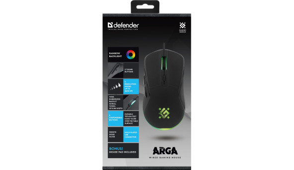 Мишка Defender Arga GM-049, 6кн. 3600 dpi, +коврик, rainbow, чорна