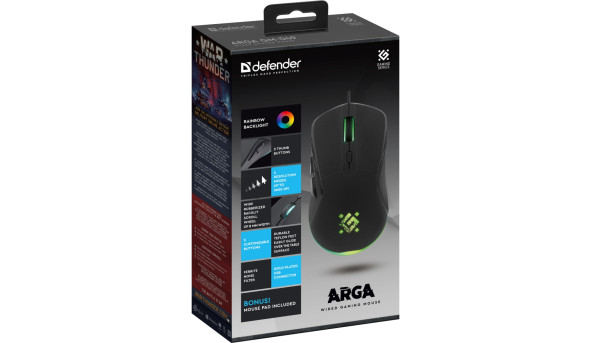 Мишка Defender Arga GM-049, 6кн. 3600 dpi, +коврик, rainbow, чорна