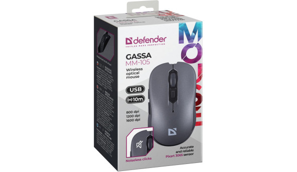 Мишка Defender Gassa MM-105, бездротова, 6 кн., 1600 dpi, безшумна сіра