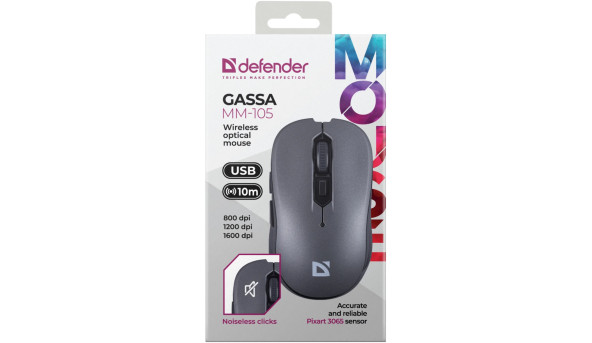 Мишка Defender Gassa MM-105, бездротова, 6 кн., 1600 dpi, безшумна сіра