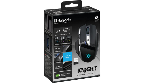 Мишка Defender Knight GM-885, бездротова, ігрова, 8кн., 3200 dpi., 400 mAh, чорна