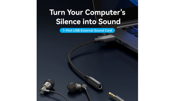 Звукова карта USB AUX jack, TRRS Ear, 0.25 м 96 кГц/24 біт 2-в-1 DSP шумозаглушення Vention