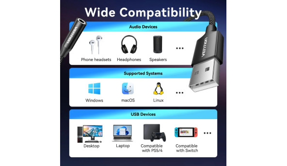 Звукова карта USB AUX jack, TRRS Ear, 0.25 м 96 кГц/24 біт 2-в-1 DSP шумозаглушення Vention