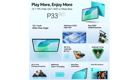Планшет Teclast P33 10.1” HD+ / 3GB / 64GB / A333 / 6000mAh / WIFI / 5+2Mp / Metal / Blue