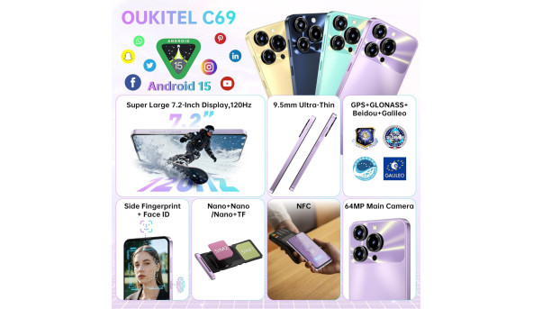 Смартфон Oukitel C69 7.2" HD+ /8GB/256GB/ T606 /6000mAh/ 64+8Мп/ NFC Black