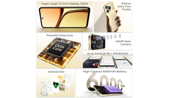 Смартфон Oukitel C69 7.2" HD+ /8GB/512GB/ T606 /6000mAh/ 64+8Мп/ NFC Gold