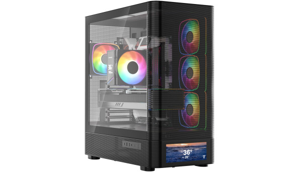 Корпус Modecom VOLCANO AQ500 ARGB MIDI FRONT LCD 6,2”, 4x120mm fans BLACK без БЖ ATX