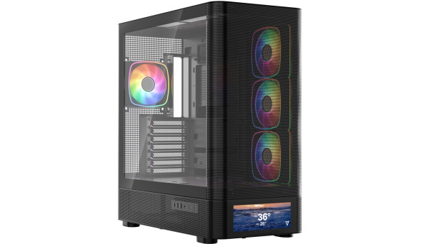 Корпус Modecom VOLCANO AQ500 ARGB MIDI FRONT LCD 6,2”, 4x120mm fans BLACK без БЖ ATX