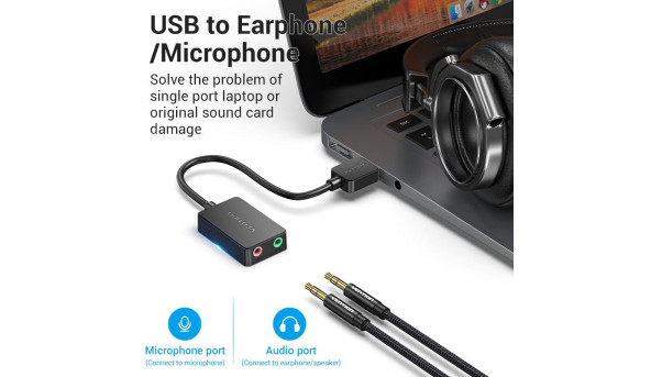 Звукова карта USB AUX jack, 2*TRRS (Mic + Ear) 1м Vention чорна